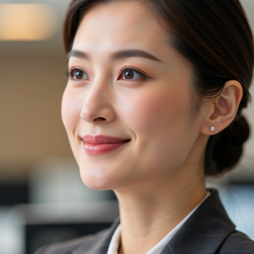 三十五岁左右女性头像,穿职业套装,淡妆,背景为酒店宴会厅,面带微笑